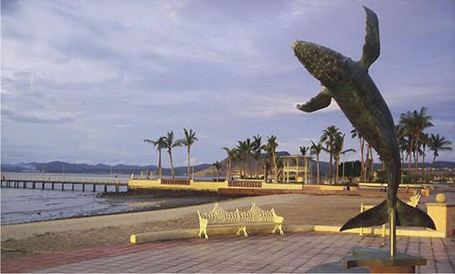 Escultura de ballena gris en el malecón de La Paz, BCS.