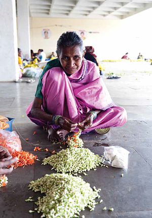 Trabajadora de flores en Krishnarajendra.